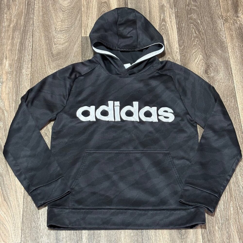 Kids Adidas Hoodie Sweatshirt Black Camo Logo Pullover Youth L 14/16 Pocket
